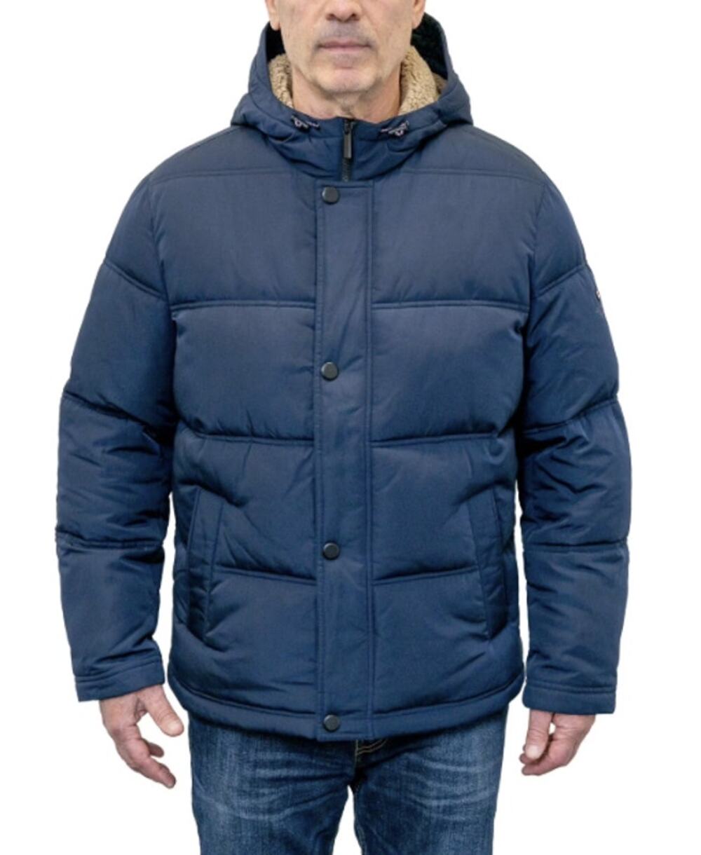 London Fog Men's Large Navy Blue Faux Fur Lined Hood Puffer Parka Jacket HR10-17